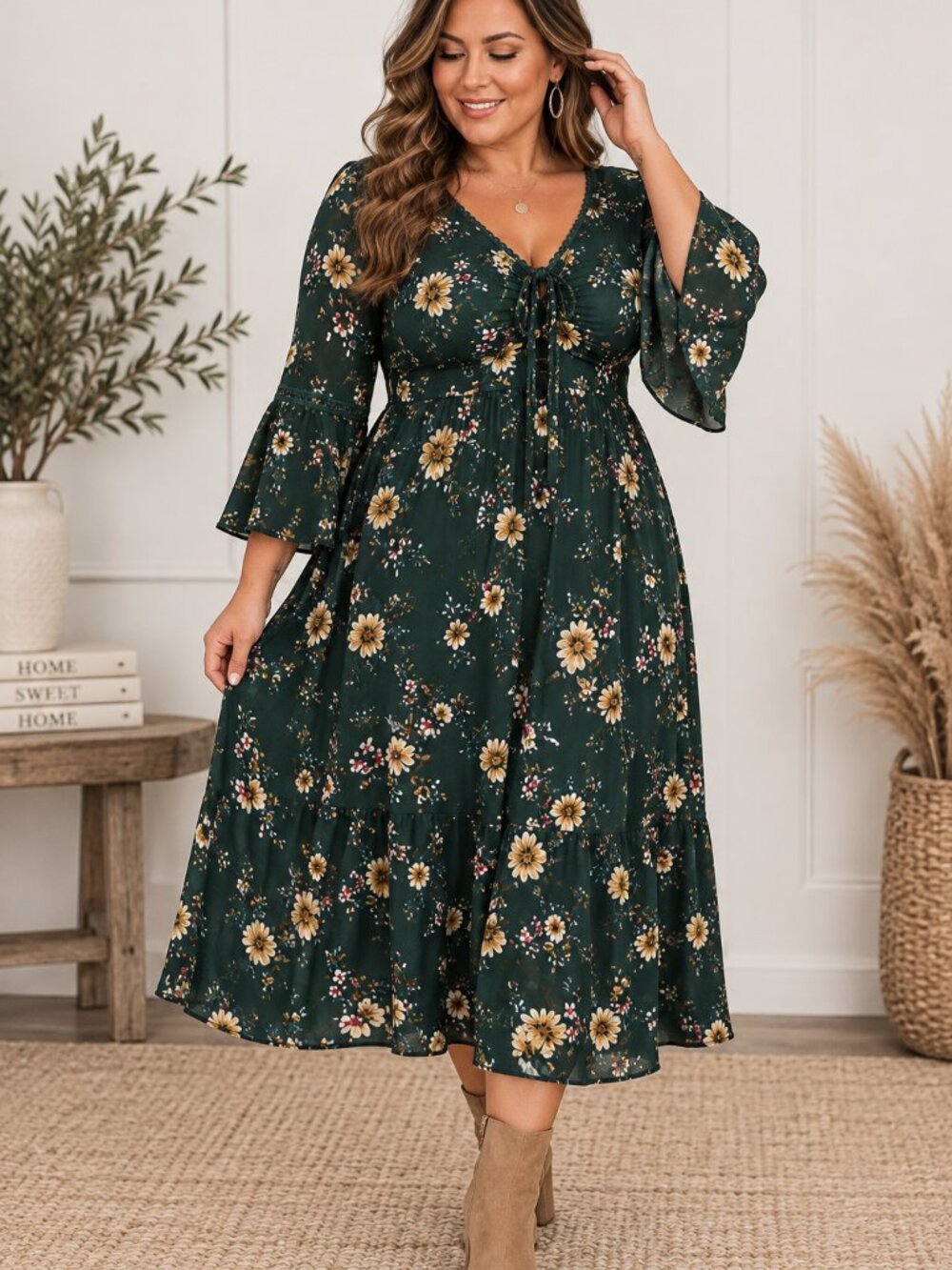 Suzanne Betro 2X Forest Green Floral Maxi Dress Bell Sleeve Boho Cottagecore